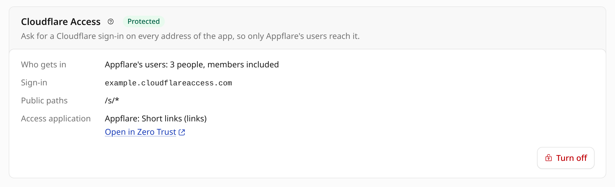 Cloudflare Access card of a protected app, with who gets in, its public path and Turn off