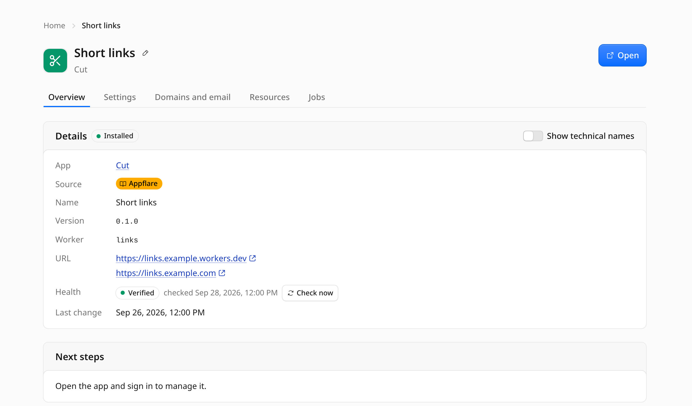 Installed Short links app with its version, health and Open button