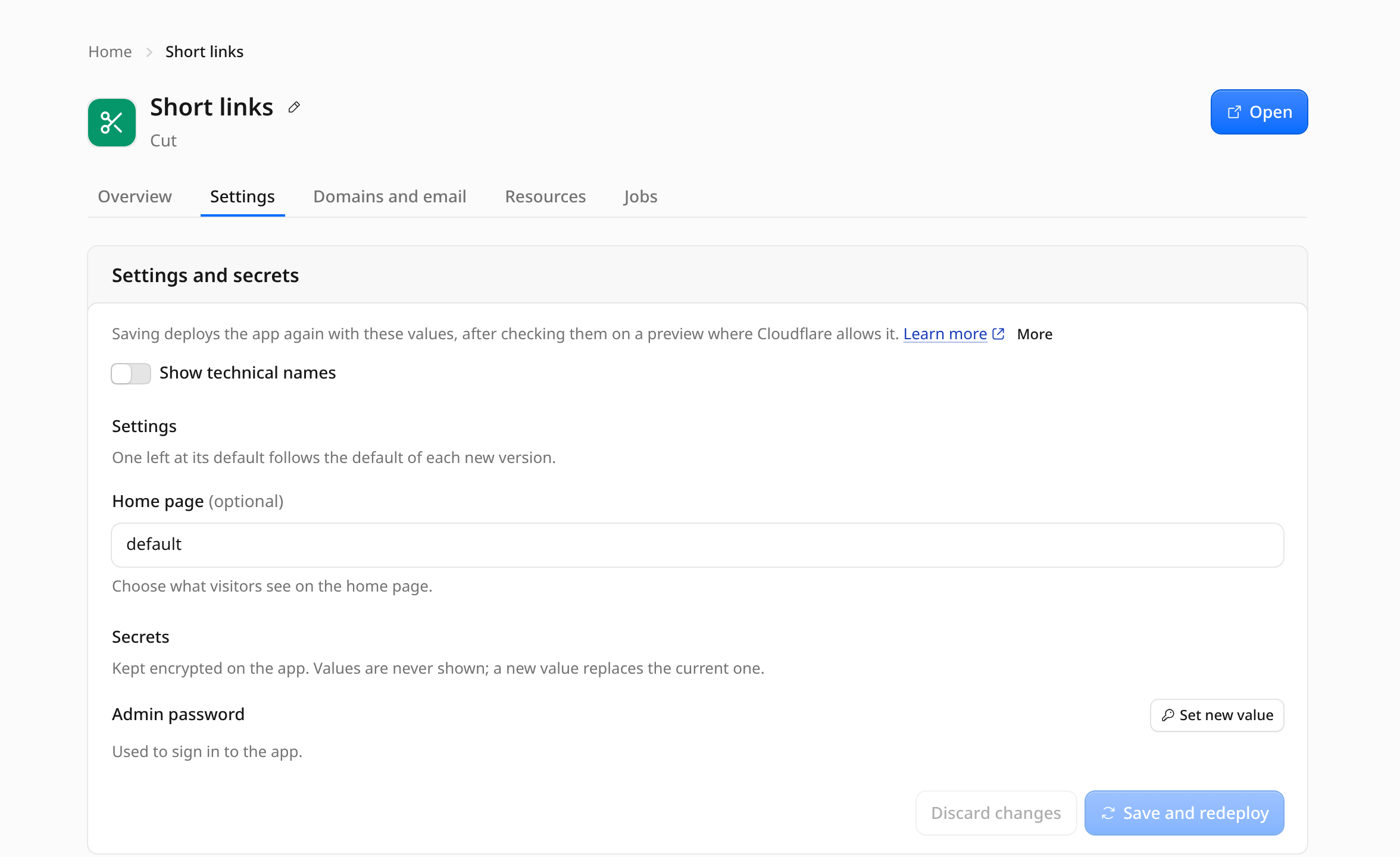 Installed app settings with a home page field and a saved secret