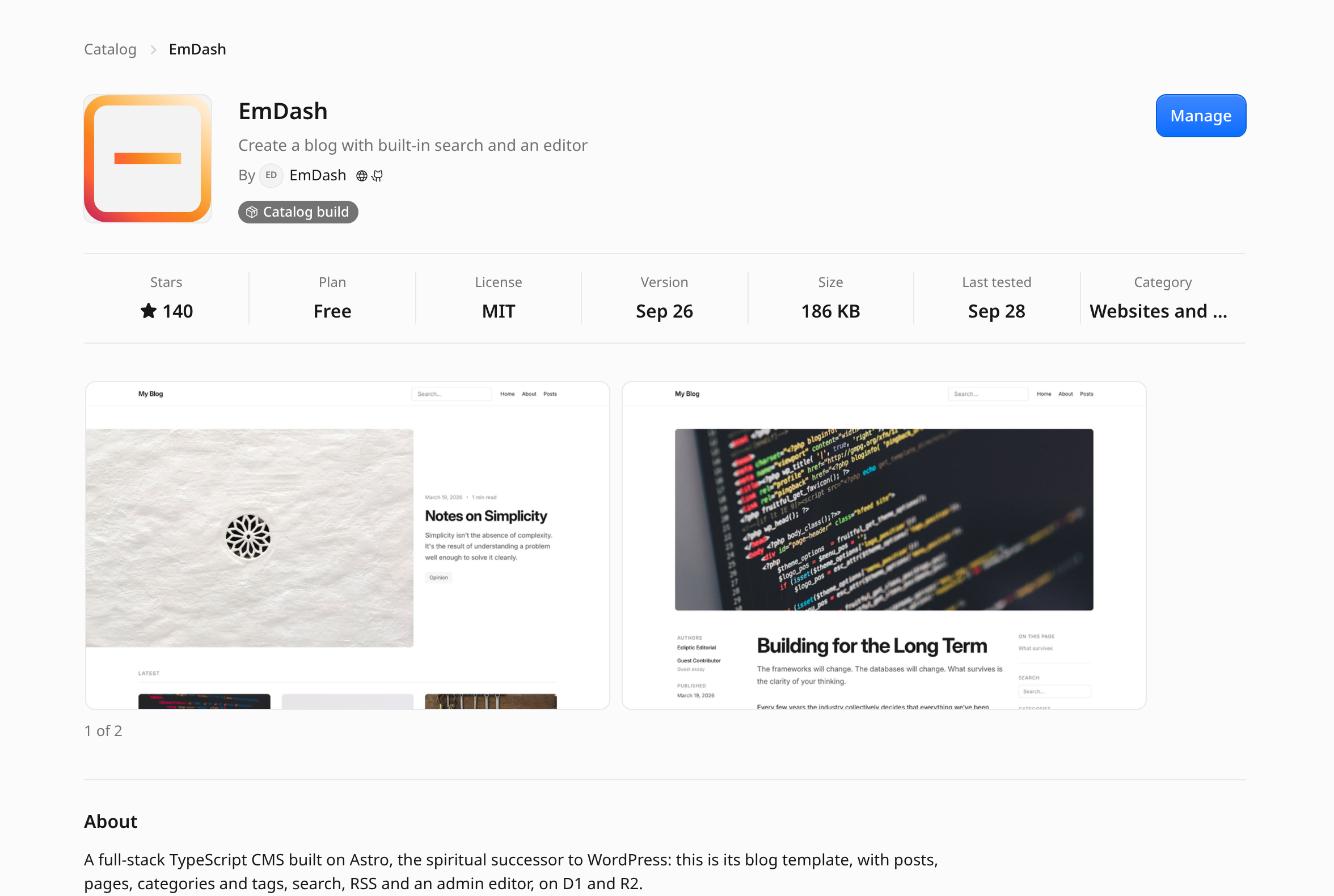 EmDash catalog page with its description, version and pictures