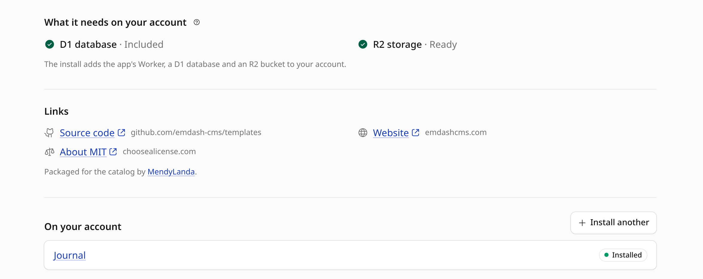 Catalog page listing the storage and services the app uses