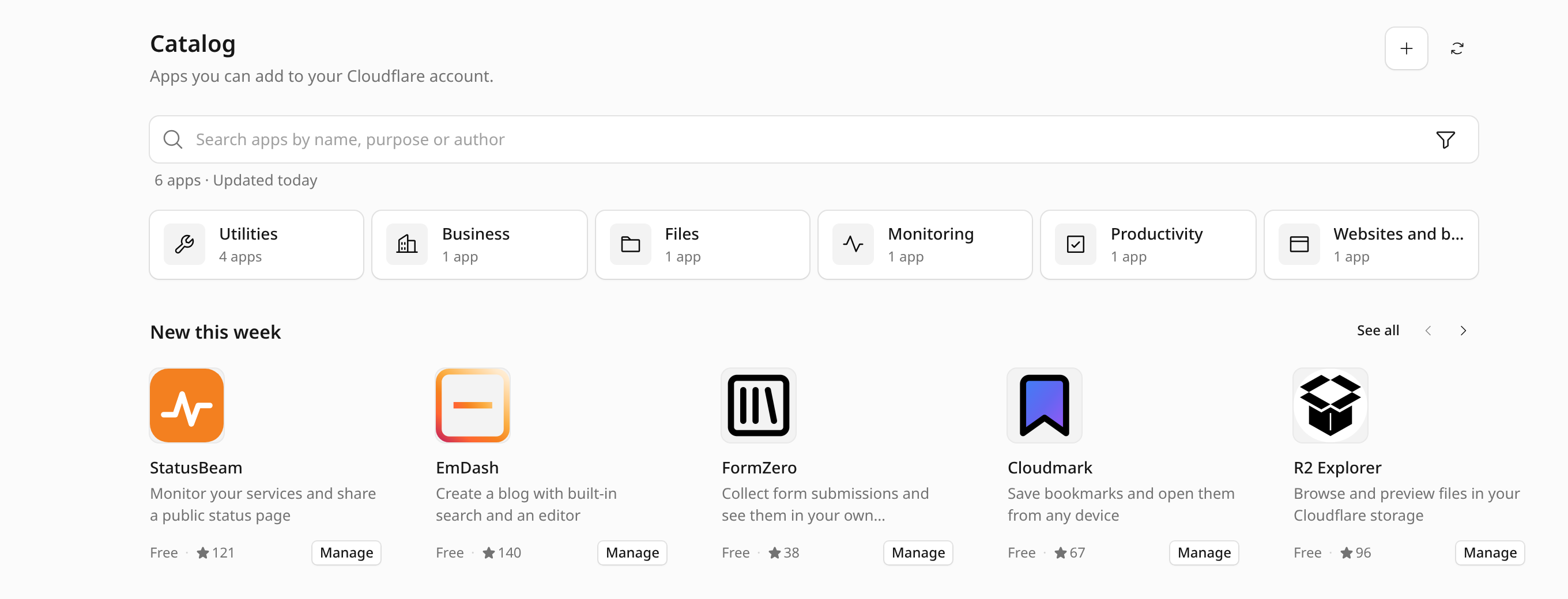 Catalog with categories and app cards that have icons