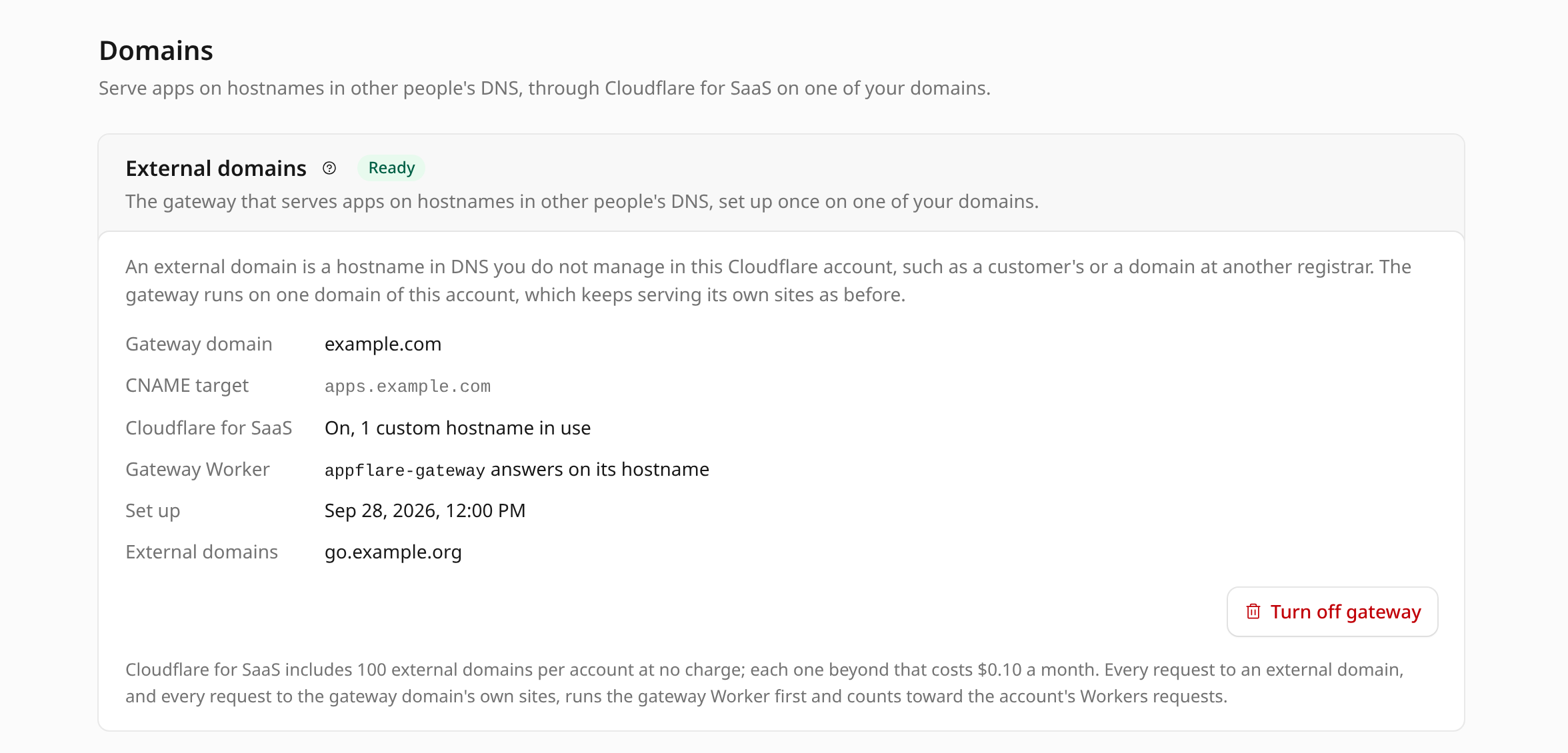 Domains settings showing a ready gateway and an external domain