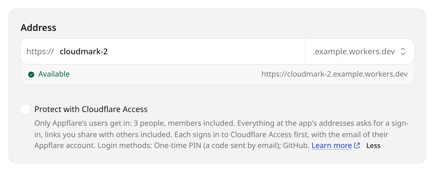 Protect with Cloudflare Access in the install form, with who gets in and the login methods
