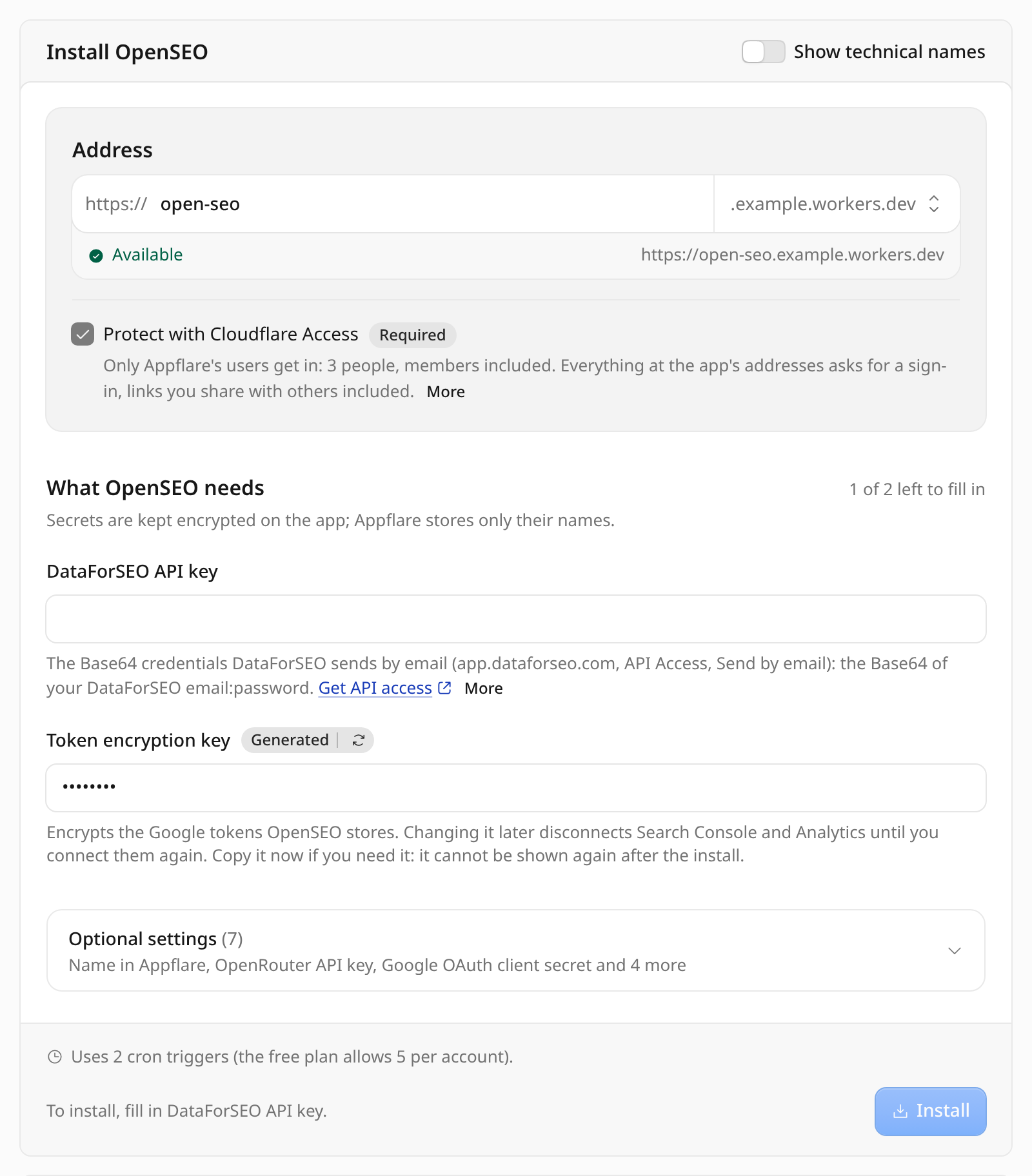 Install form for OpenSEO: the address with its status and Cloudflare Access, what the app needs, and its optional settings folded