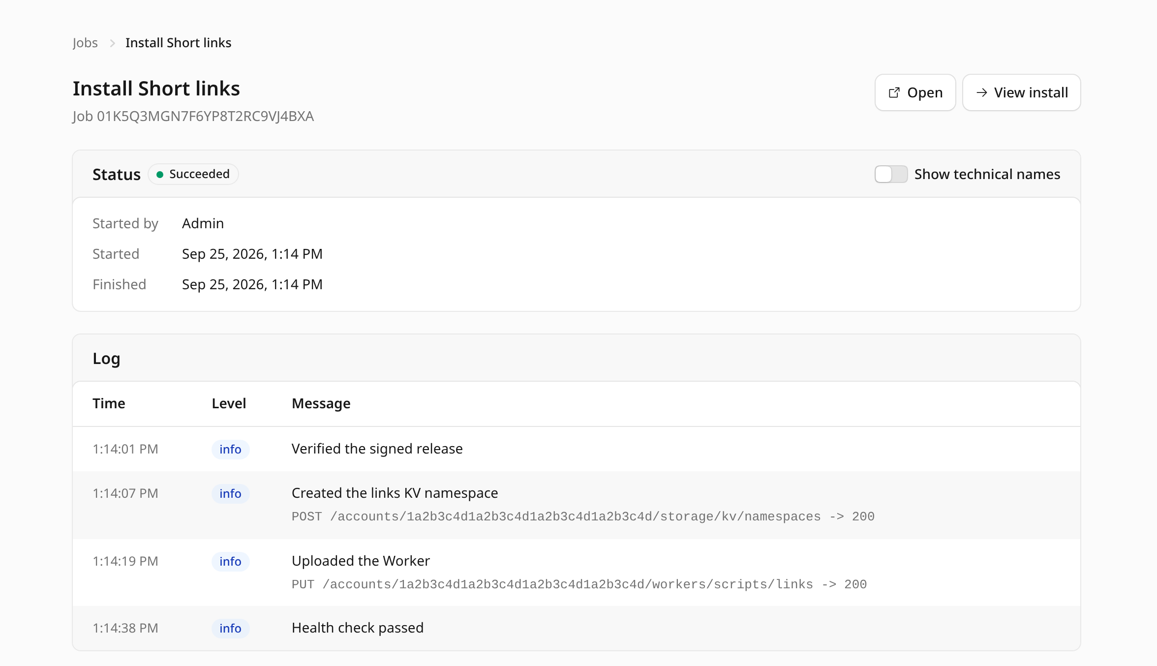 Finished install job with a log ending in a passed health check
