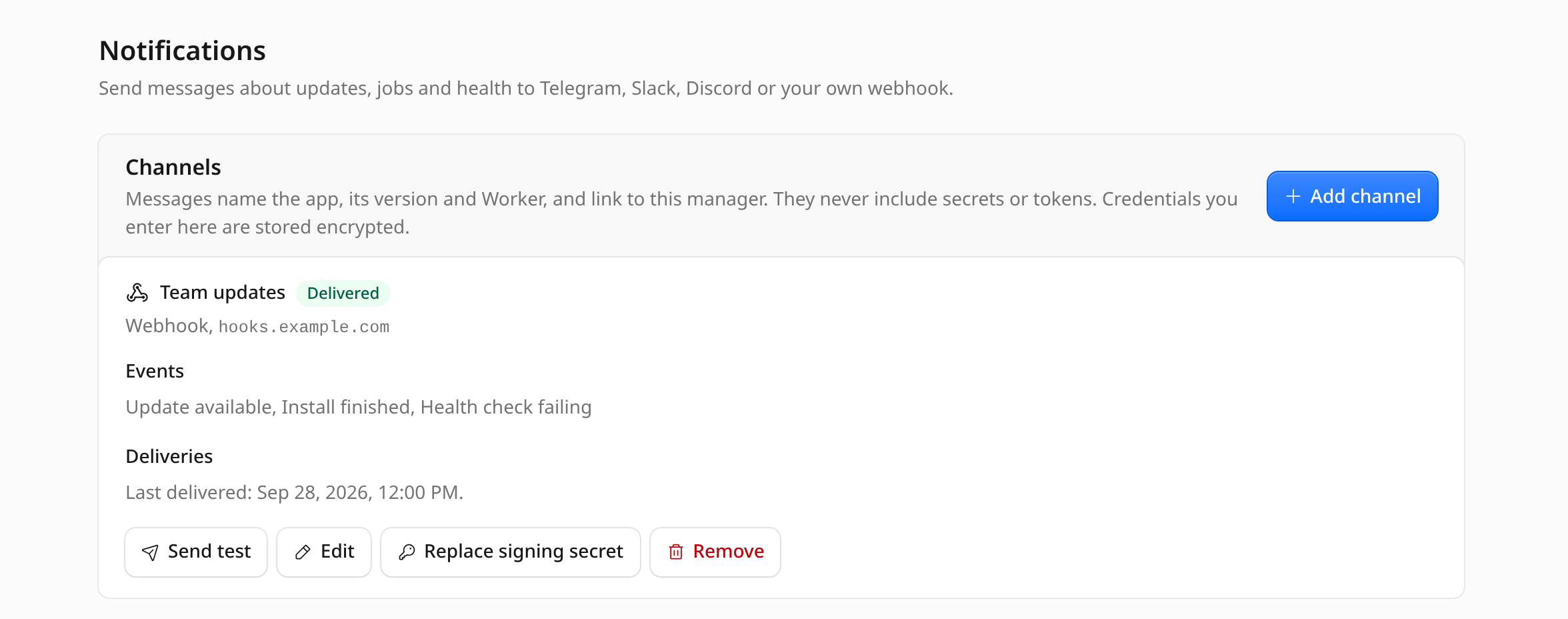 Notifications settings with a webhook channel and recent delivery