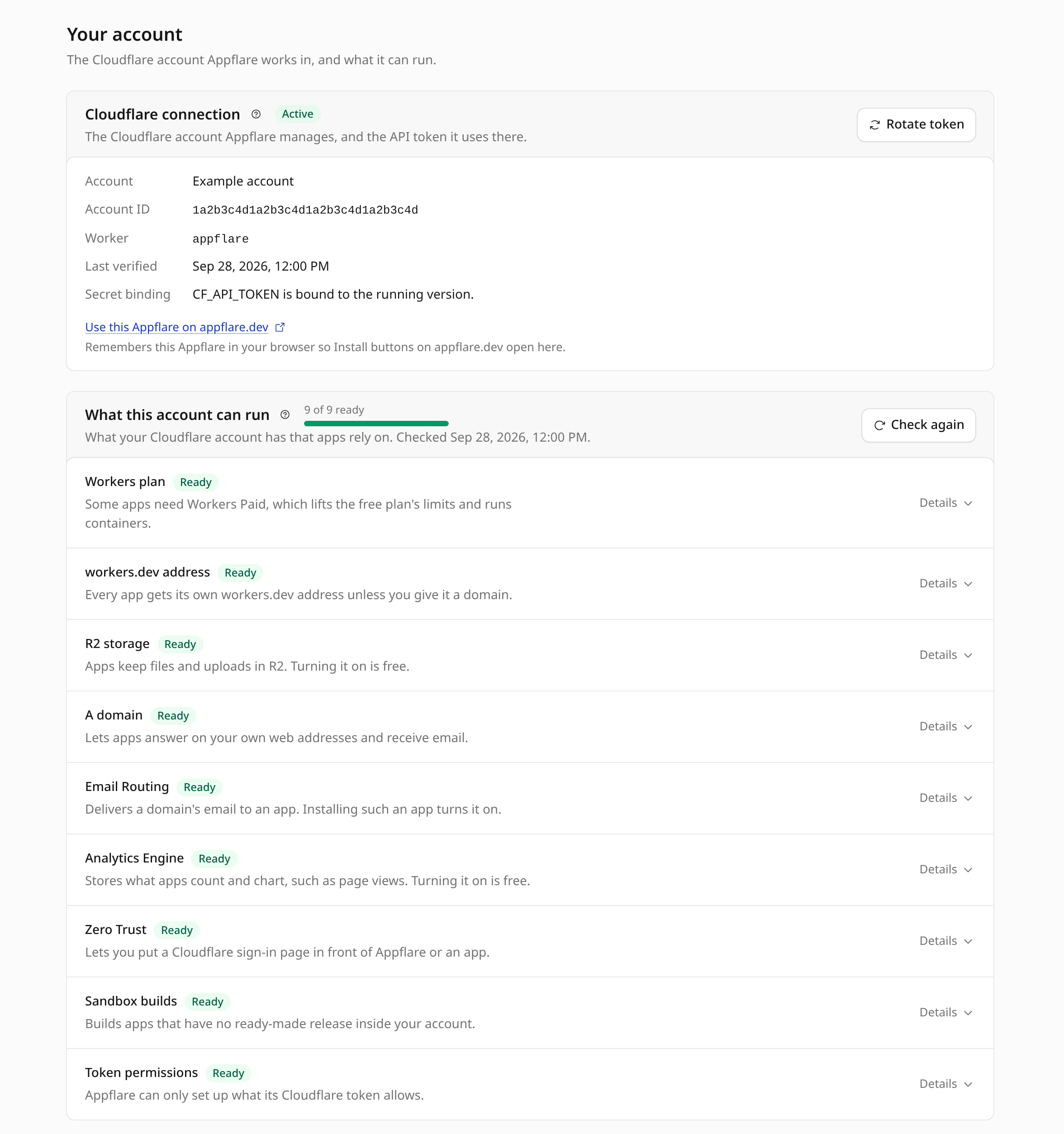Your account settings with a full readiness bar and account checks