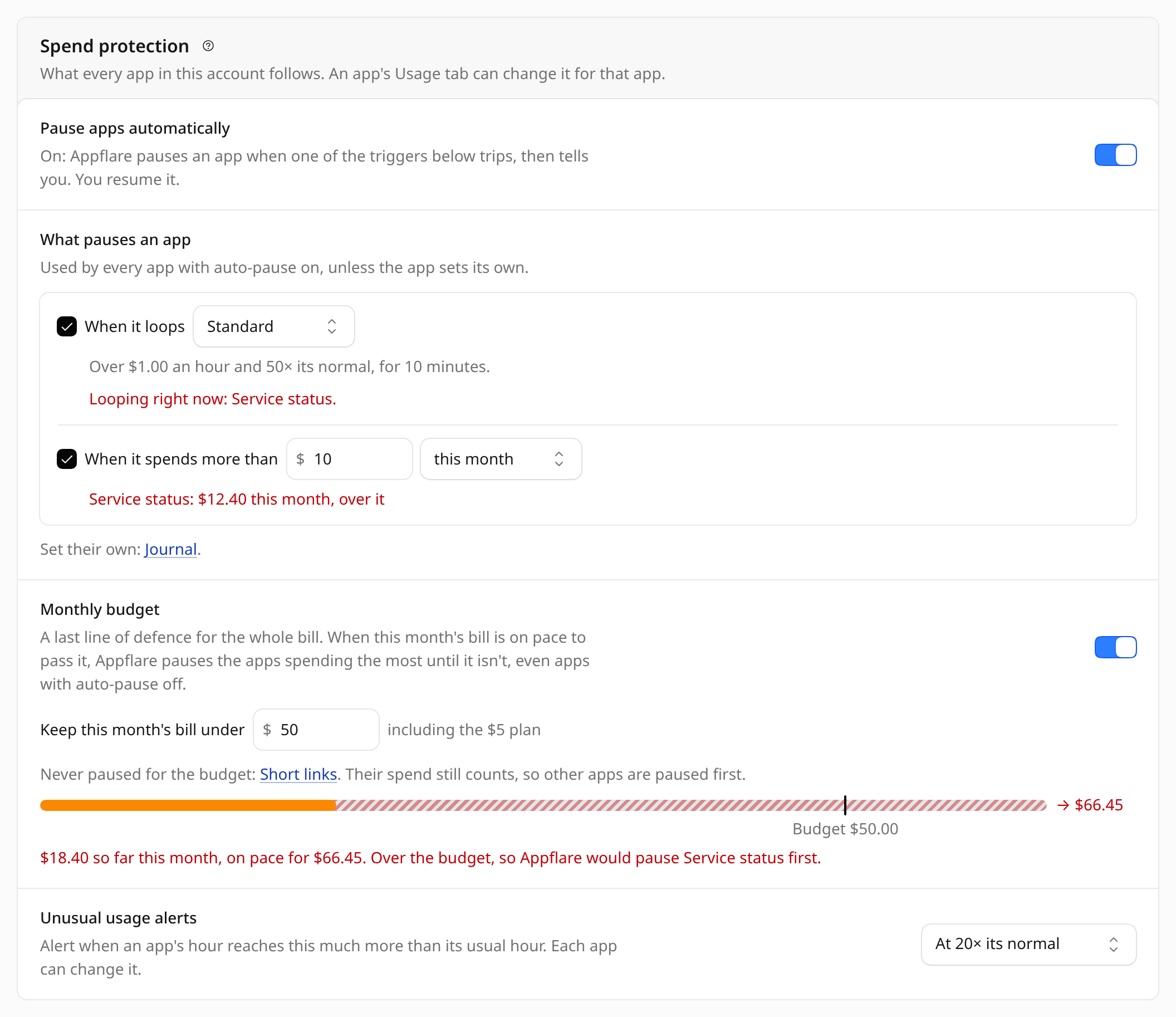 Settings, Spend protection: Pause apps automatically on; the loop check at Standard and a $10 monthly cap, each naming Service status; a $50 monthly budget on pace for $66.45; and unusual usage alerts at 20× its normal