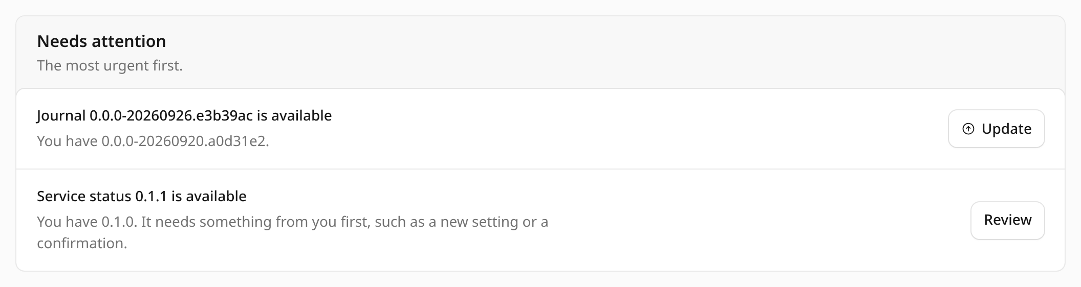 Home showing one update and one app to review