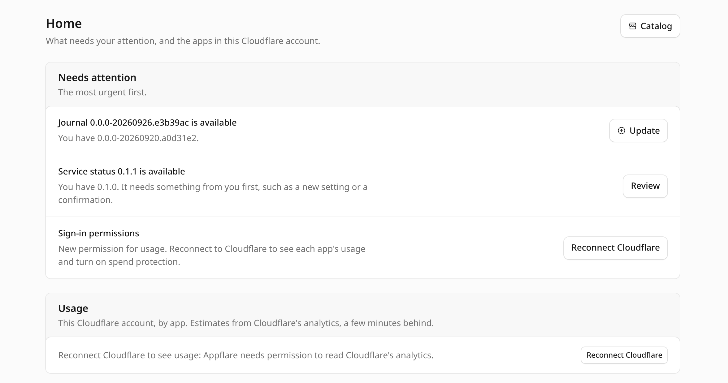 Home on a Cloudflare sign-in without the usage permission: a Sign-in permissions row under Needs attention and the Usage section, each with Reconnect Cloudflare