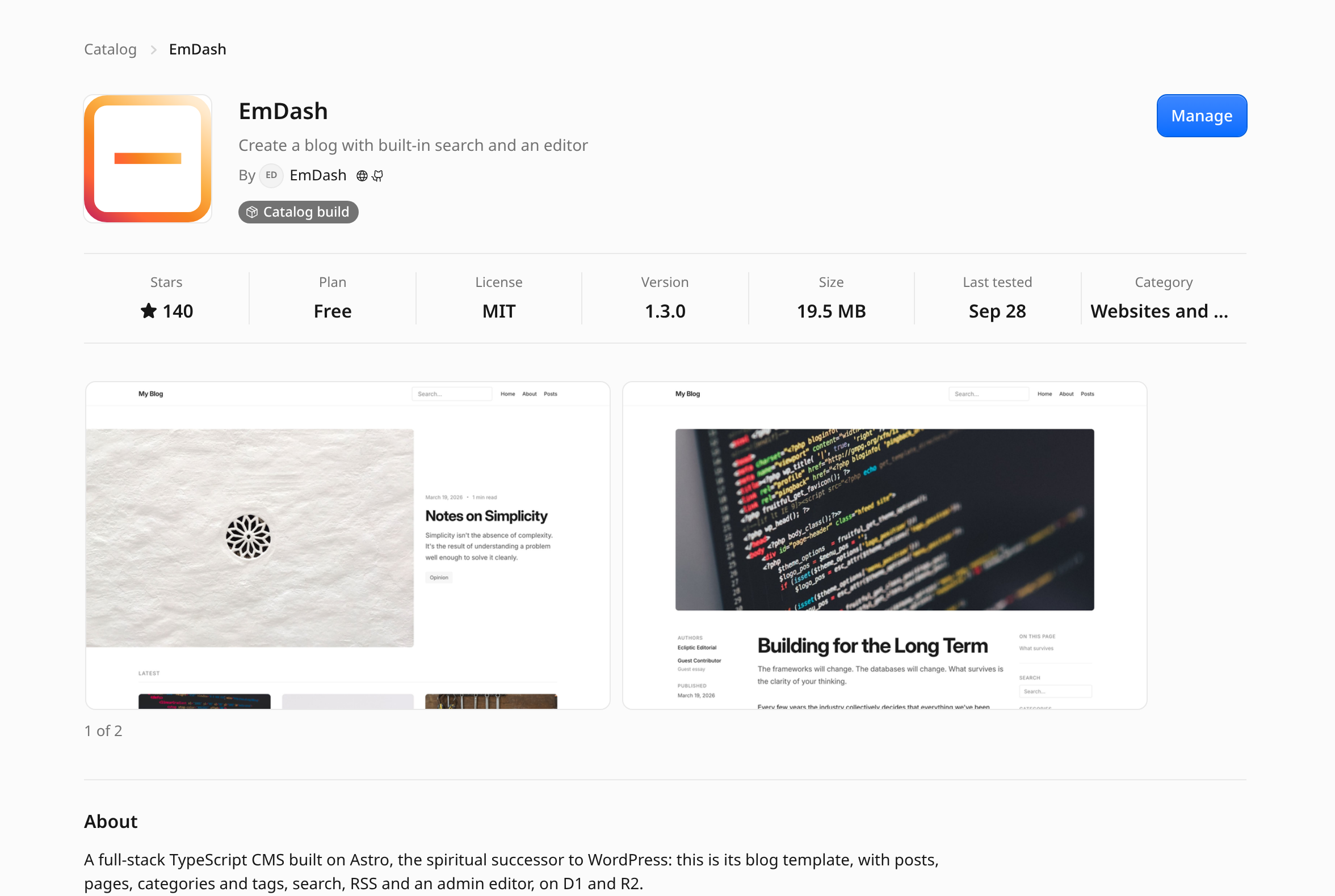 EmDash's catalog page with its stars, plan, license, version and screenshots