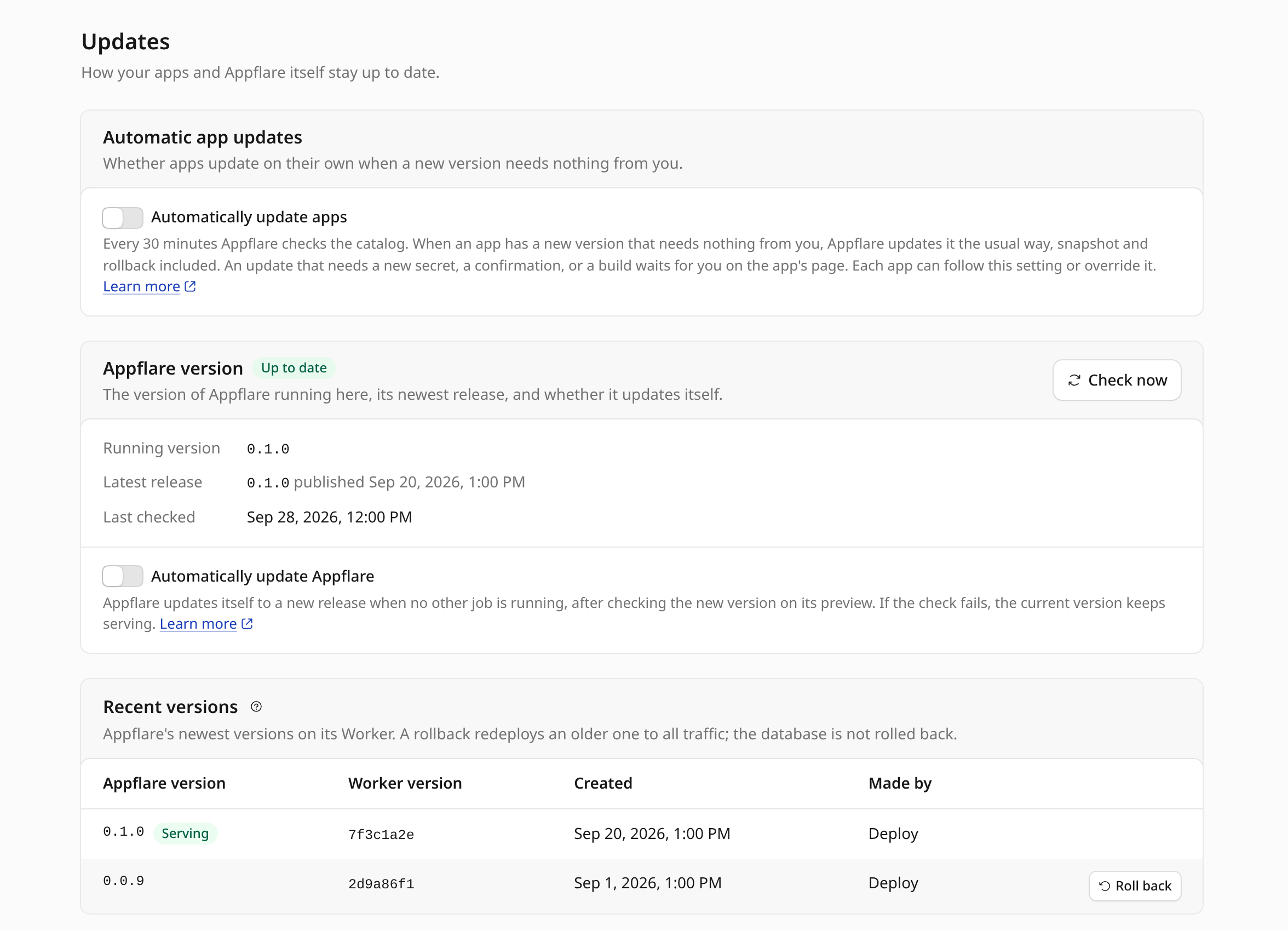 Settings, Updates: Automatically update apps, and Automatically update Appflare under Appflare version